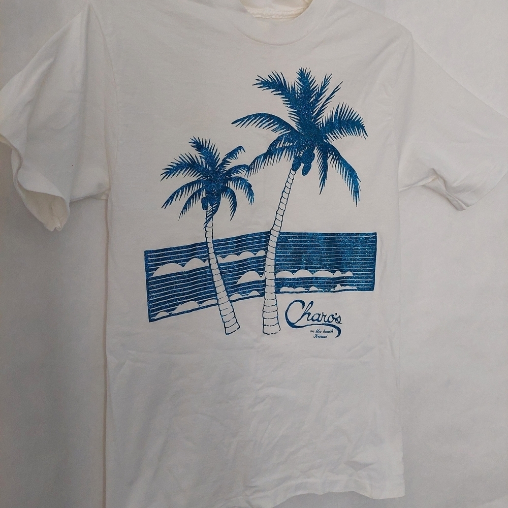 Vintage Charo's on the Beach White and Blue Graphic T-Shirt